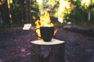Coffee mug on log used by french press at campsite